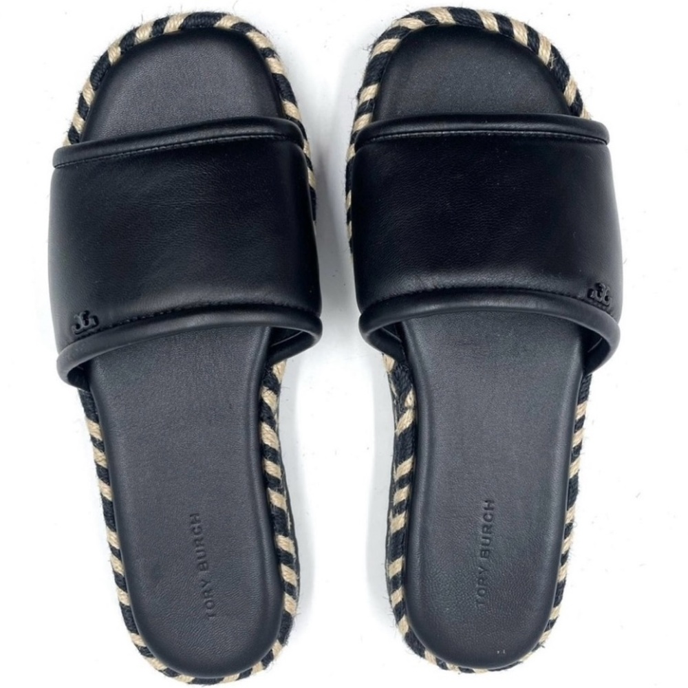 Tory Burch Espadrille Slide Sandal Braided Leather 7 Black Tan Open Toe Flat - Picture 1 of 6